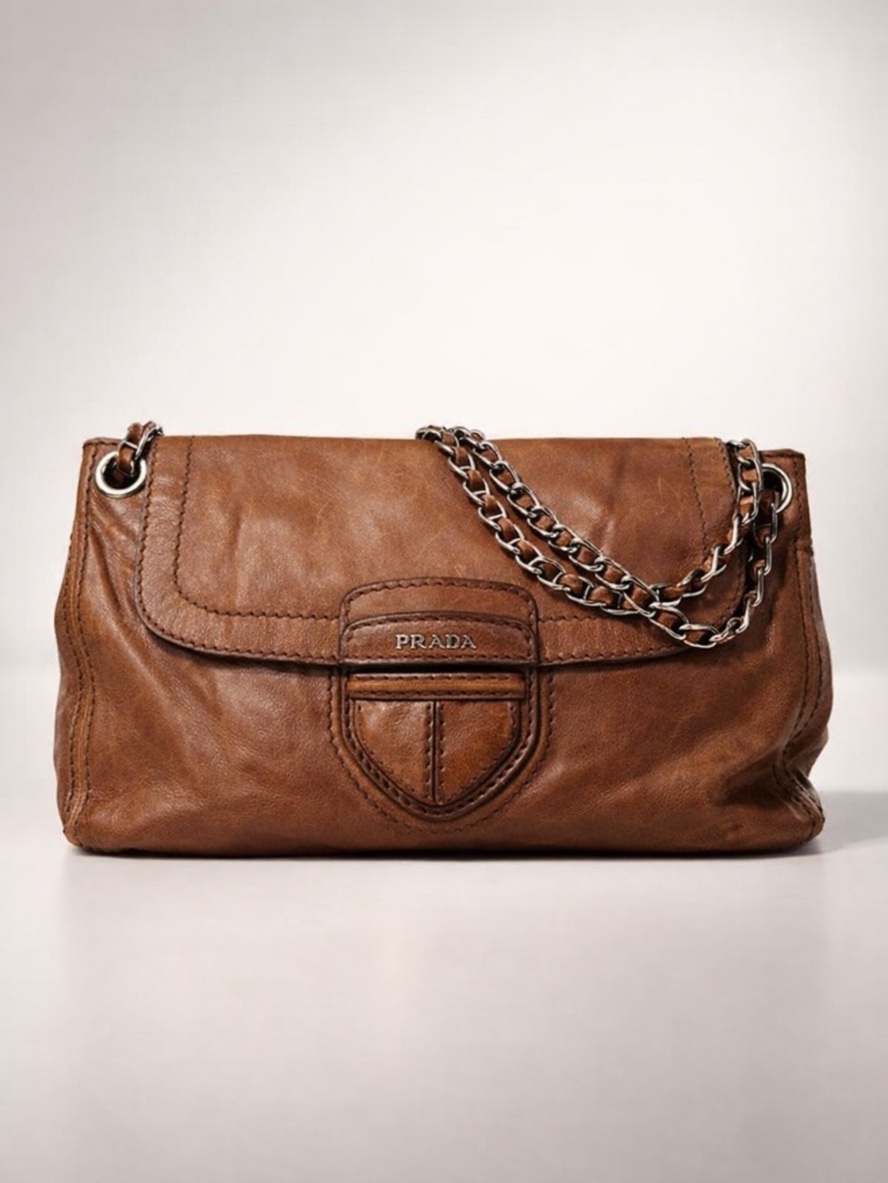 Prada Tan Leather Chain Shoulder Bag